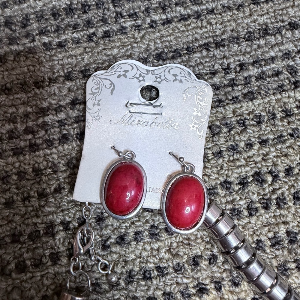 Women’s Mirabella Red Stone Silver-Tone Necklace & Earrings Set - Picture 3 of 8